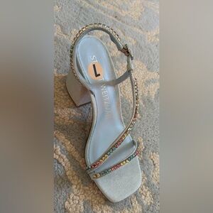 Stuart Weitzman Light Blue Gem-Embellished Strappy Block Heel Sandal